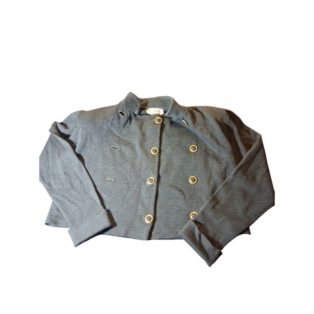 Vintage St John Saks Fifth Avenue Knit Jacket Gray Gold Button Cropped Size 12